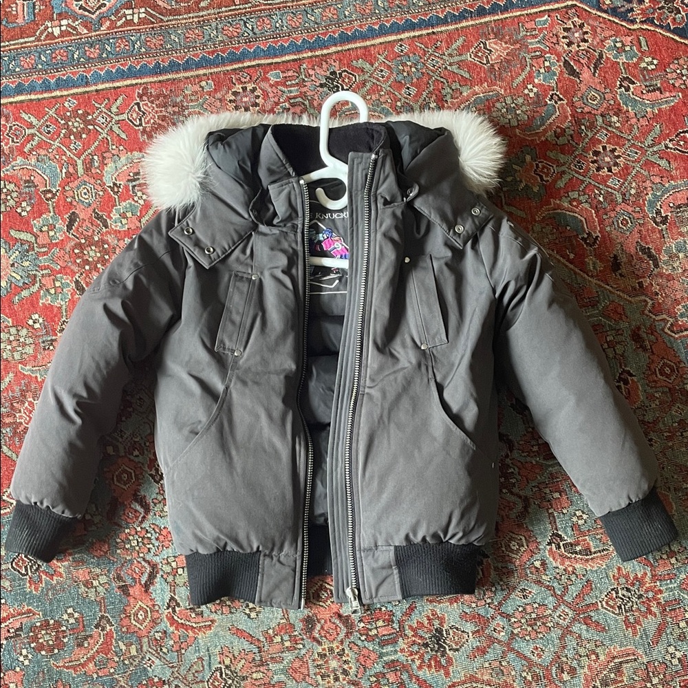 Moose Knuckles Gray Puffer Jacket with Fur Trim